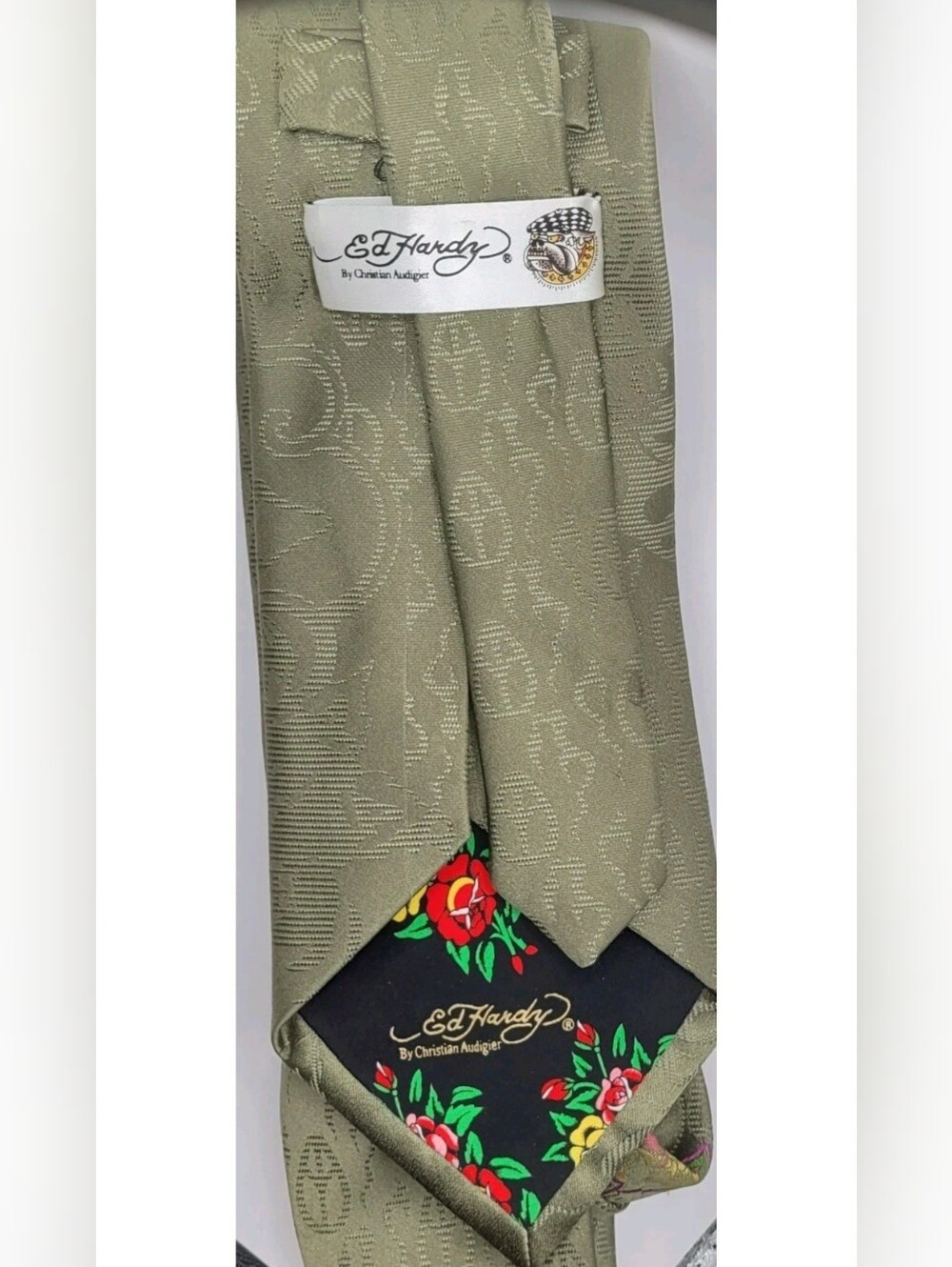 Vtg Ed Hardy Christian Audigier Silk Tie Green Tattoo Art Peace Sign Heart Roses
